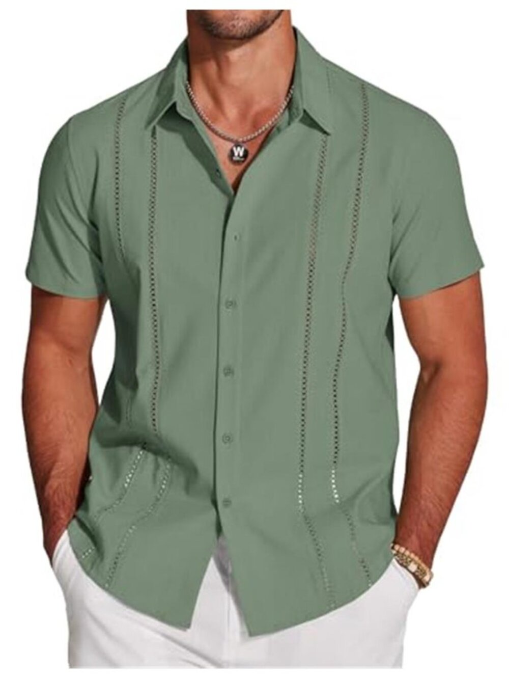Mens Cuban Guayabera Shirt Short Sleeve Button Down Embroidered Summer Beach